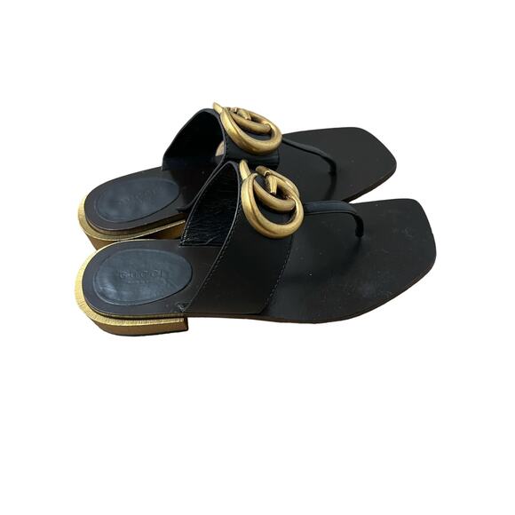 Gucci Black Leather Thong Sandals with Gold Double G - Picture 3 of 8